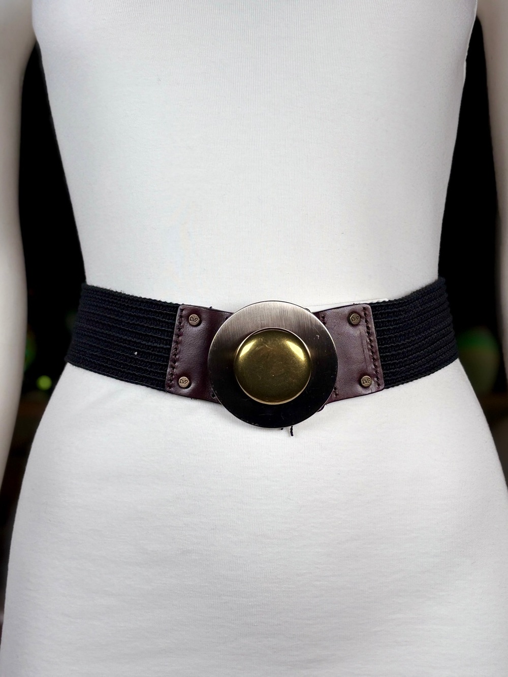 Diane Von Furstenberg Black/Brown Stretch Kezza Belt w/ Mixed Metal Buckle, Sz S